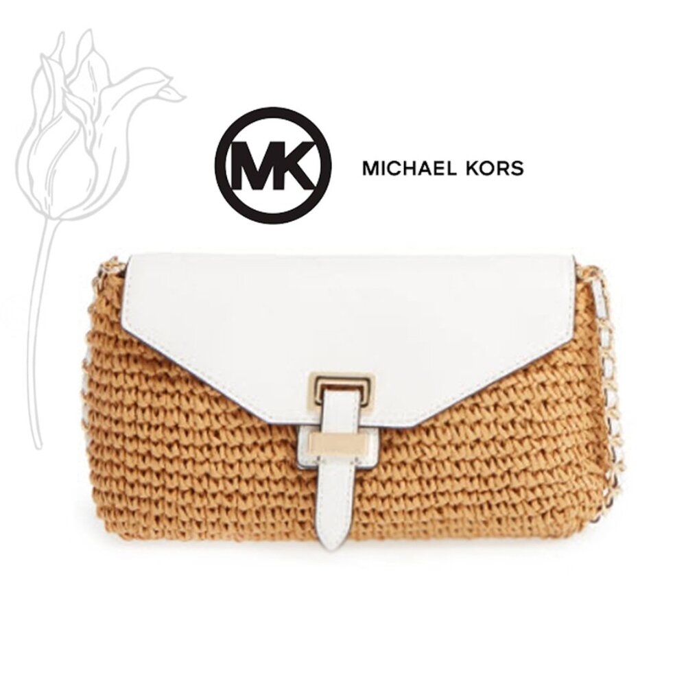 Michael Kors Straw Naomi White/Natural Leather/Straw Clutch Bag